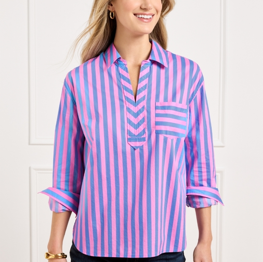 NWT Talbots Short Shirt in Garden Stripe Pink & Blue Size 2X Plus Petite